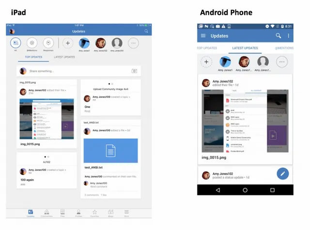 IBM Connections 6 mobile app on an iPad and an Android phone