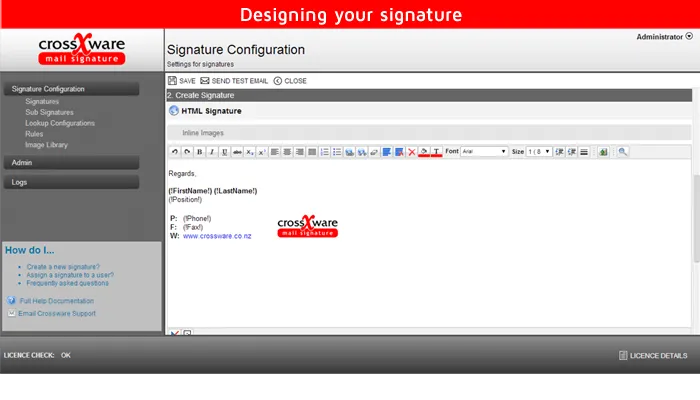 CROSSWARE Mail Signature designer screen