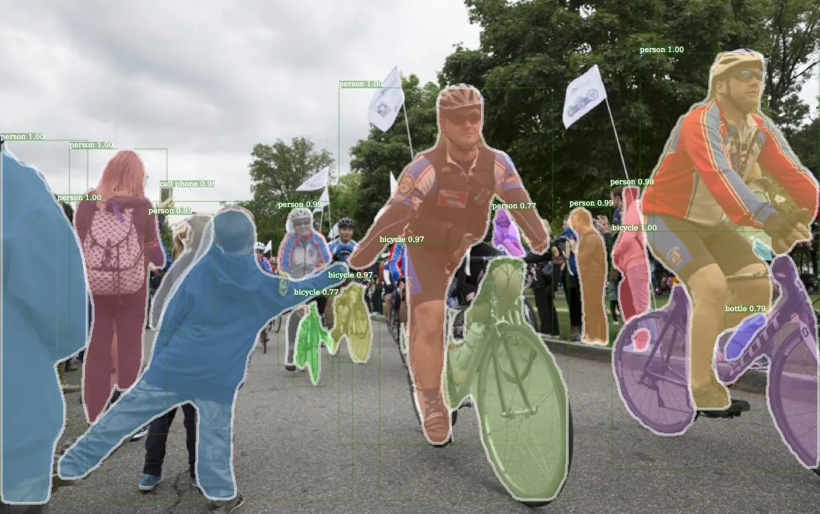 Detectron outlining people and bicycles in a street photo